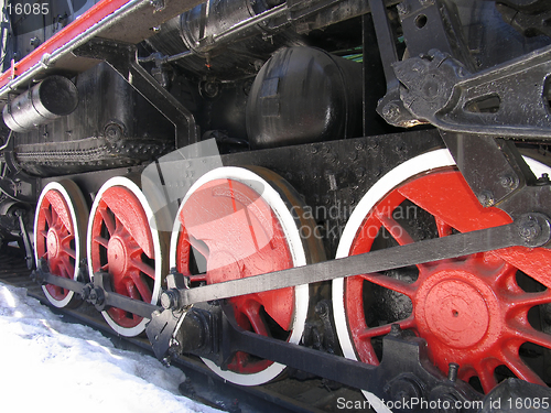 Image of Red wheels of old russian  locomotive