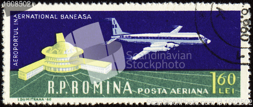 Image of Airport of Bucharest and large plane on post stamp