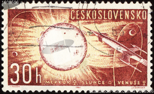 Image of Postage stamp with spaceship, Sun, Mercury and Venus