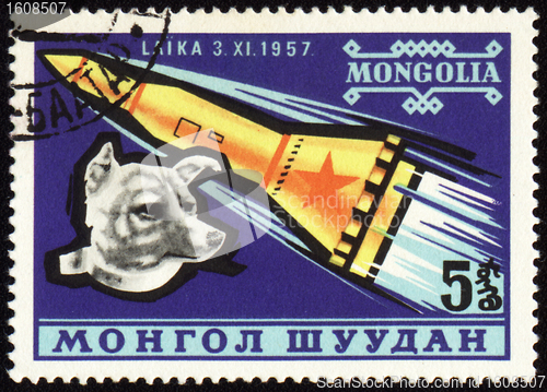 Image of Soviet rocket and dog Laika on Mongolian post stamp