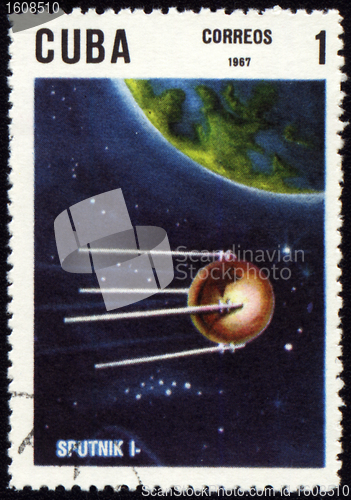 Image of Post stamp with first russian satellite "Sputnik-1"