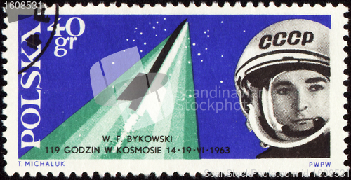 Image of Postage stamp with soviet spaceship Vostok-5 and cosmonaut Valery Bykovsky