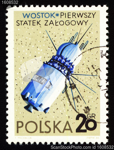 Image of Postage stamp from Poland with first spaceship Vostok