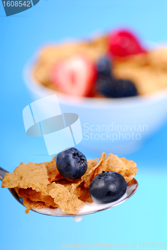 Image of Spoonful of bran flakes with fruit