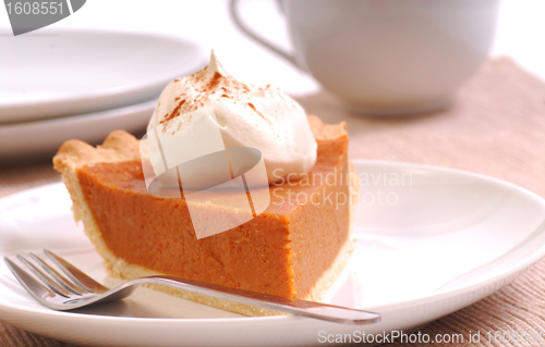 Image of Slice of pumpkin pie with whipped cream