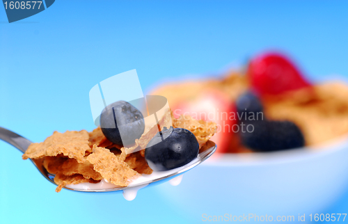 Image of Spoonful of bran flakes with fruit
