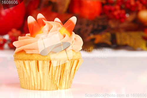 Image of Halloween cupcake with fall foliage