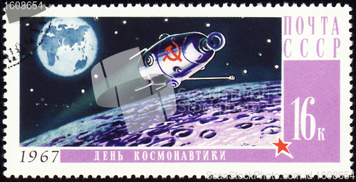 Image of Post stamp with russian spaceship on Moon orbit