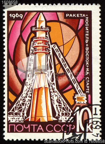Image of Post stamp with space rocket Vostok on launch pad