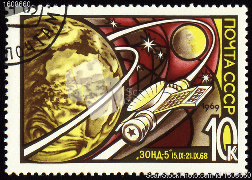 Image of Post stamp with russian automatic spaceship "Zond-5"