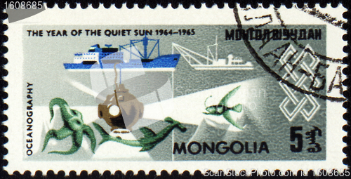 Image of Research ship and bathysphere on post stamp