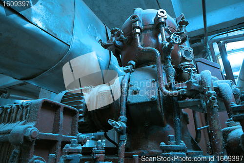 Image of Industrial zone, Steel pipelines and cables in blue tones