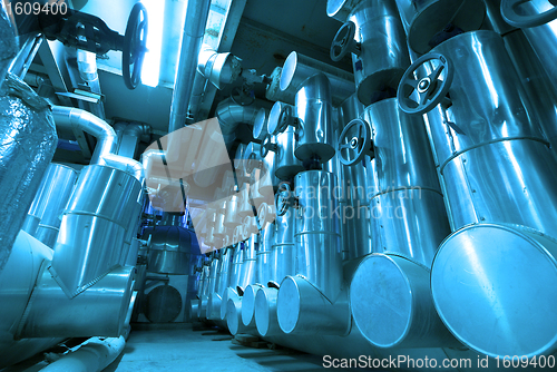 Image of Industrial zone, Steel pipelines and cables in blue tones