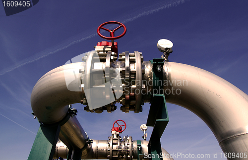 Image of Industrial zone, Steel pipelines and valves against blue sky