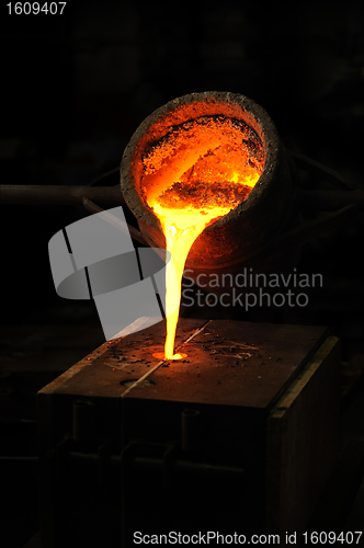 Image of Foundry - molten metal poured from ladle into mould