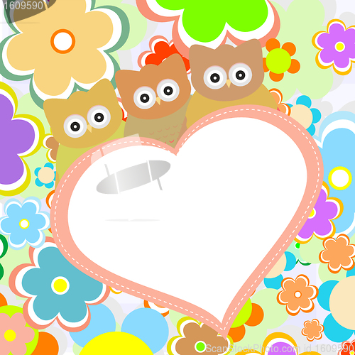 Image of owls in flowers with big heart. vector