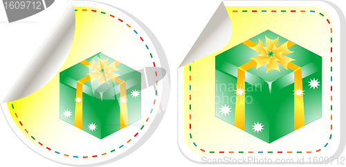 Image of green holiday box with bow. vector sticker label set