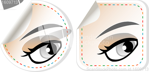 Image of label set woman brown eye with pastel color makeup