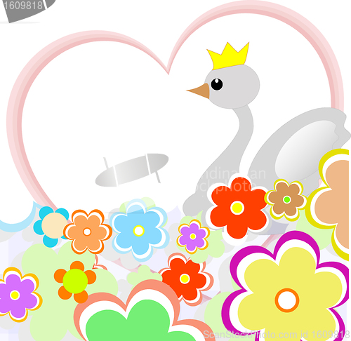 Image of cute duck in heart with flowers. greeting card