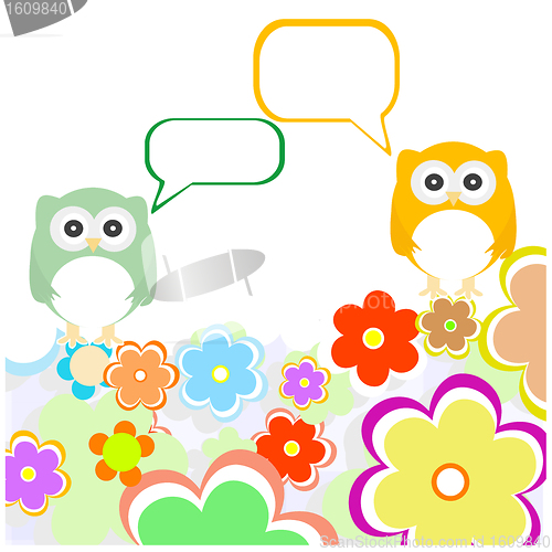 Image of owl family with flowers and speech bubbles
