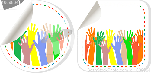 Image of Hand shaped promotional vector stickers set. tags