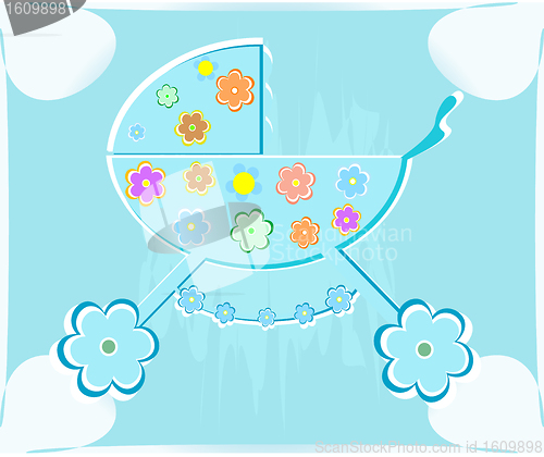 Image of Vector card for babyshower. perambulator for boy