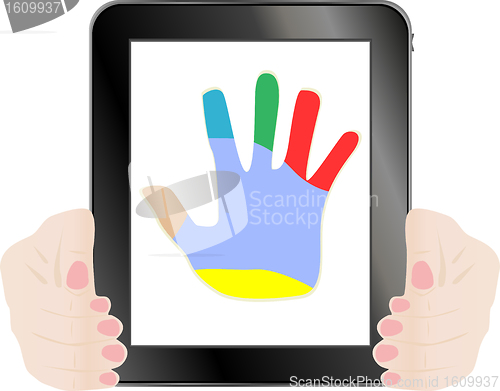 Image of Black vector tablet pc with hand on the screen