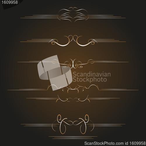 Image of set of calligraphic style golden element design, vector