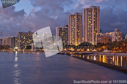 Image of Waikiki Beach, Oahu Island Hawaii, cityscape sunset