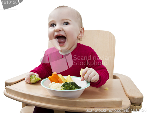 Image of young child eating in high chair