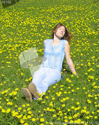 Image of Girl on dandelion lawn