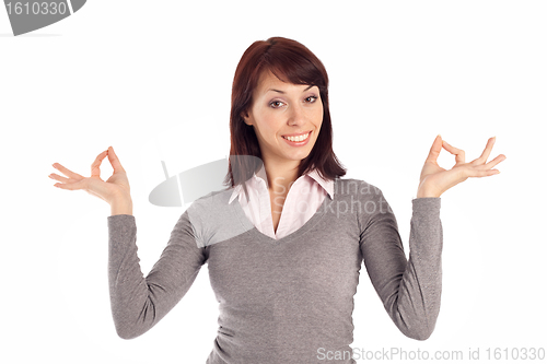 Image of Attractive Young Woman Showing OK gesture