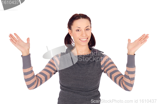 Image of Young Cheerful Woman Hands Up
