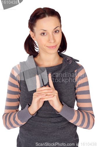 Image of Cute Young Woman Hand Gesture