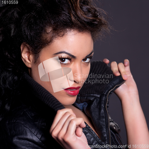 Image of Beautiful Woman in Black Leather Jacket