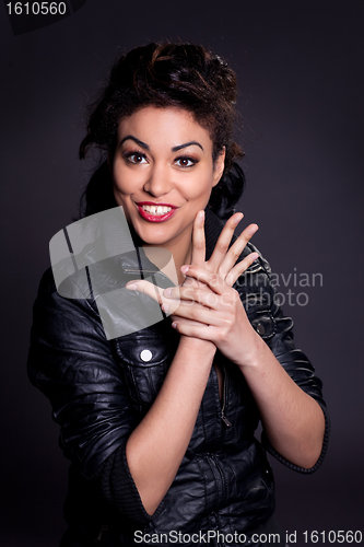 Image of Beautiful Woman in Black Leather Jacket