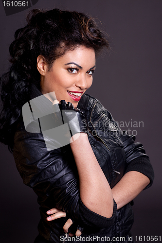 Image of Beautiful Woman in Black Leather Jacket