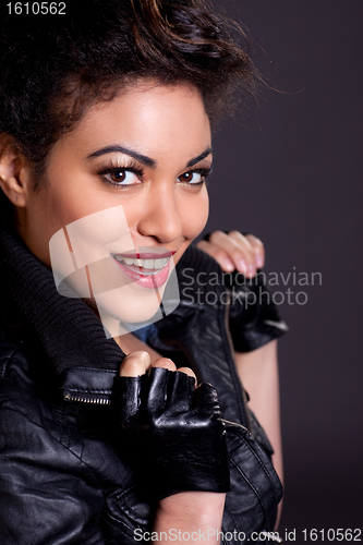 Image of Beautiful Woman in Black Leather Jacket Portrait