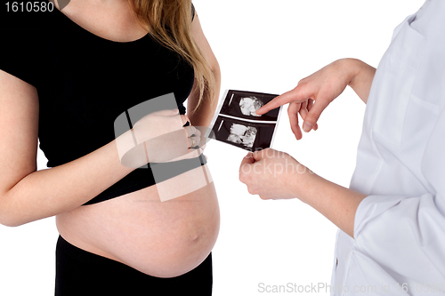 Image of Pregnant Woman and Doctor with an Ultrasound Scan