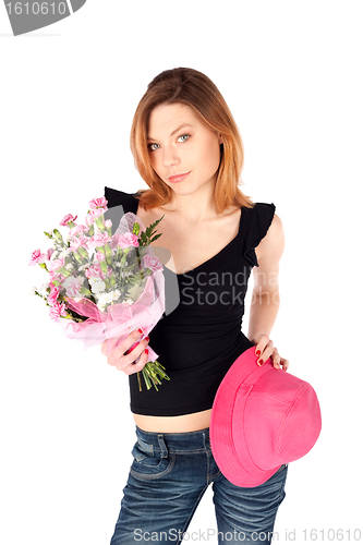 Image of Pretty Woman Posing with Flowers