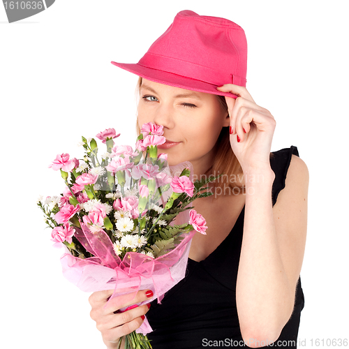 Image of Pretty Woman Posing with Flowers