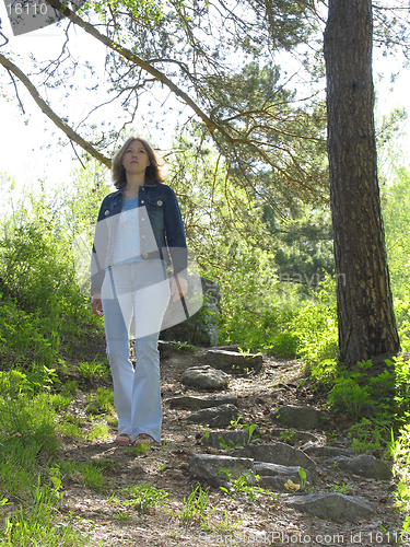 Image of Girl on the path in the pine forest