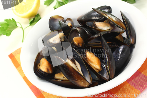 Image of fresh mussels in a white bowl