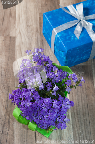Image of Spring bouquet  campanula blue and gift box, a close up