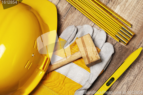 Image of Working tools on a board, a close up