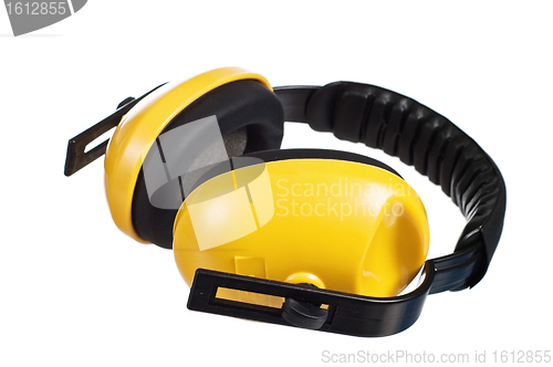 Image of Yellow working protective headphones, it is isolated on white