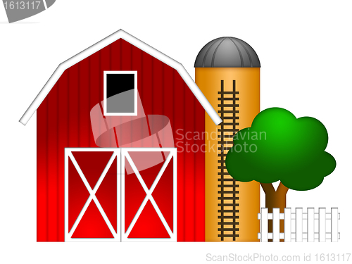 Image of Red Barn with Grain Silo Illustration