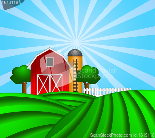 Image of Red Barn with Grain Silo on Green Pasture Illustration