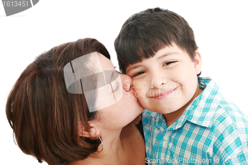 Image of Adorable mother kissing her beautiful son isolated on white back