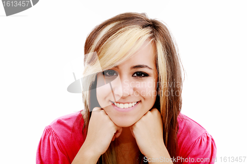 Image of Beautiful young woman smiling. Isolated over white background 